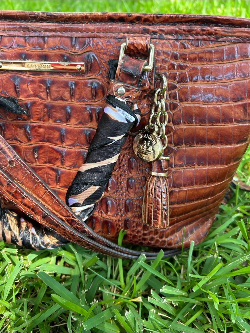 Brahmin Croc-Embossed Leather Shoulder Bag - Cognac Brown